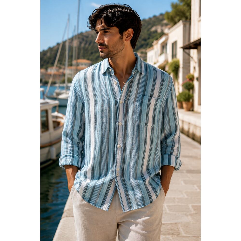 Tommy Bahama 100% Linen Coastal Stripe Button Up Shirt Large 🌊